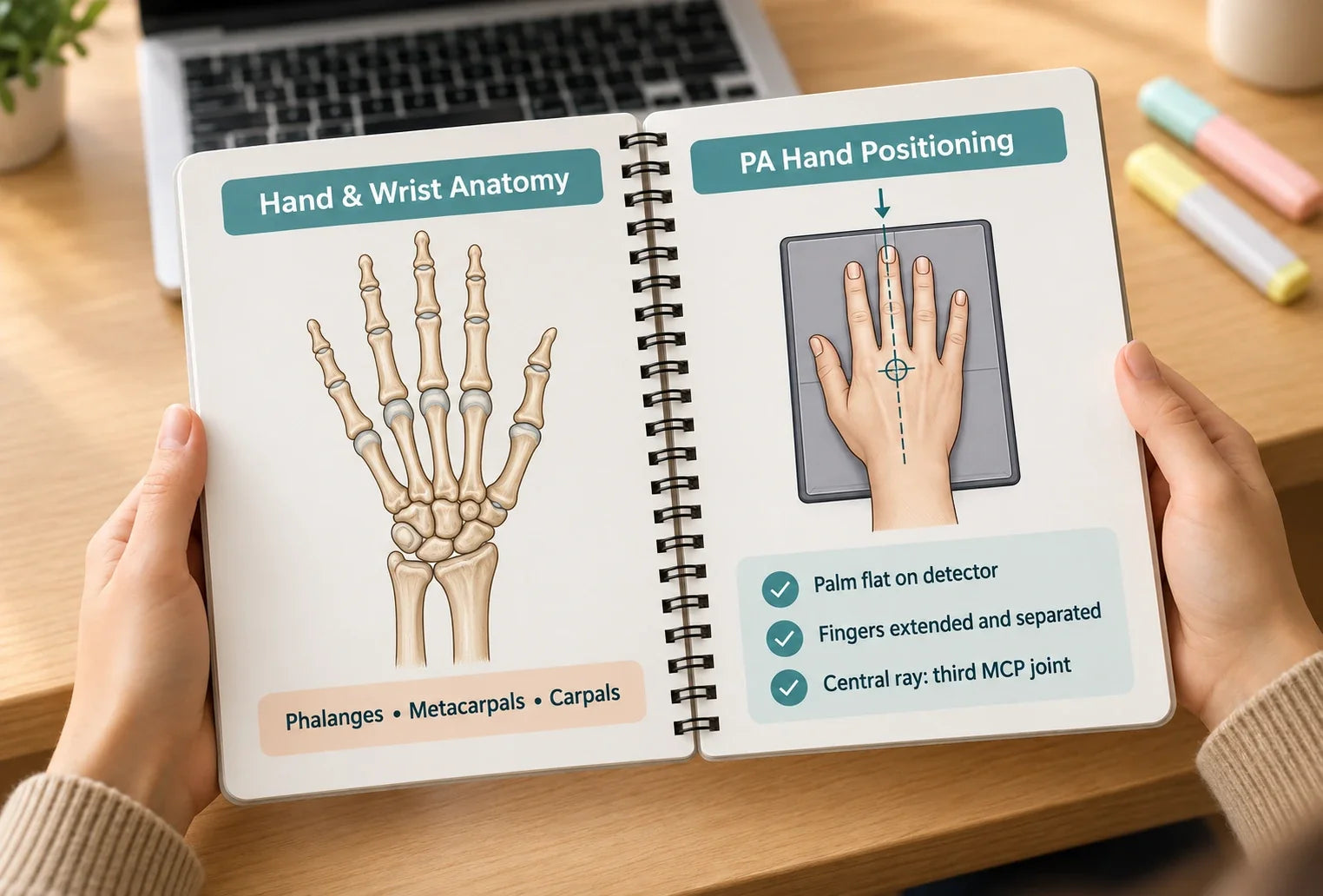 Student holding the open bundle at a desk: hand and wrist anatomy next to PA hand positioning