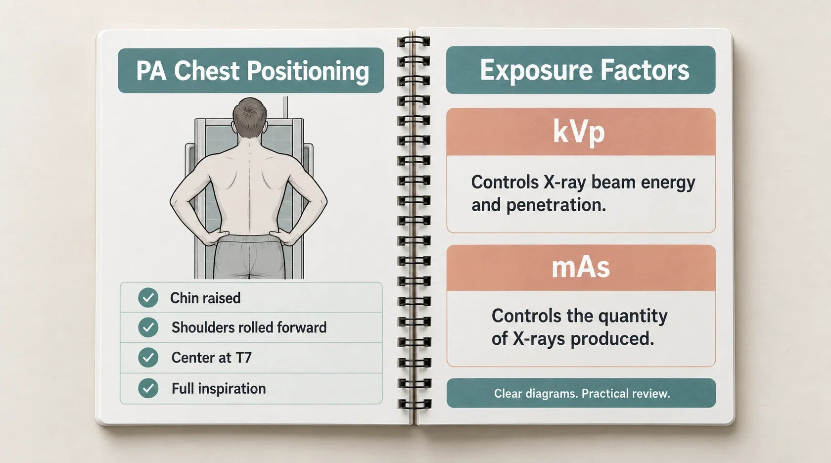 Open spread: PA chest positioning with numbered illustration on the left, kVp vs mAs comparison chart with memory tricks on the right