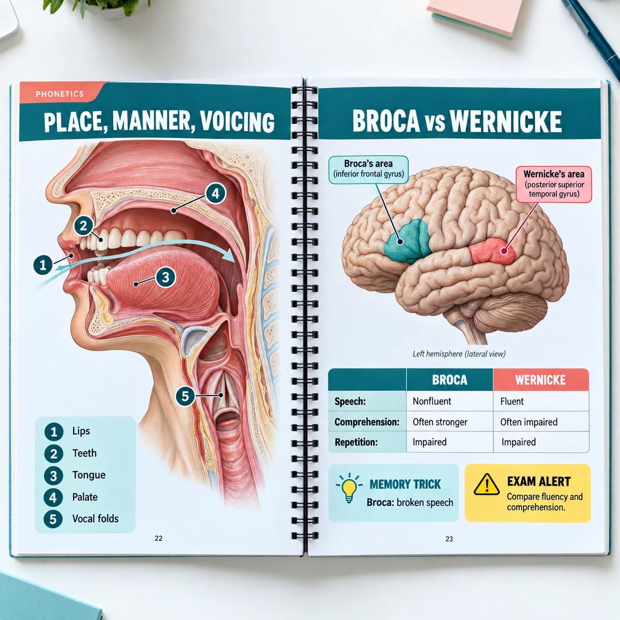 Open spread: IPA consonant chart on the left, Broca vs Wernicke comparison chart with memory tricks on the right