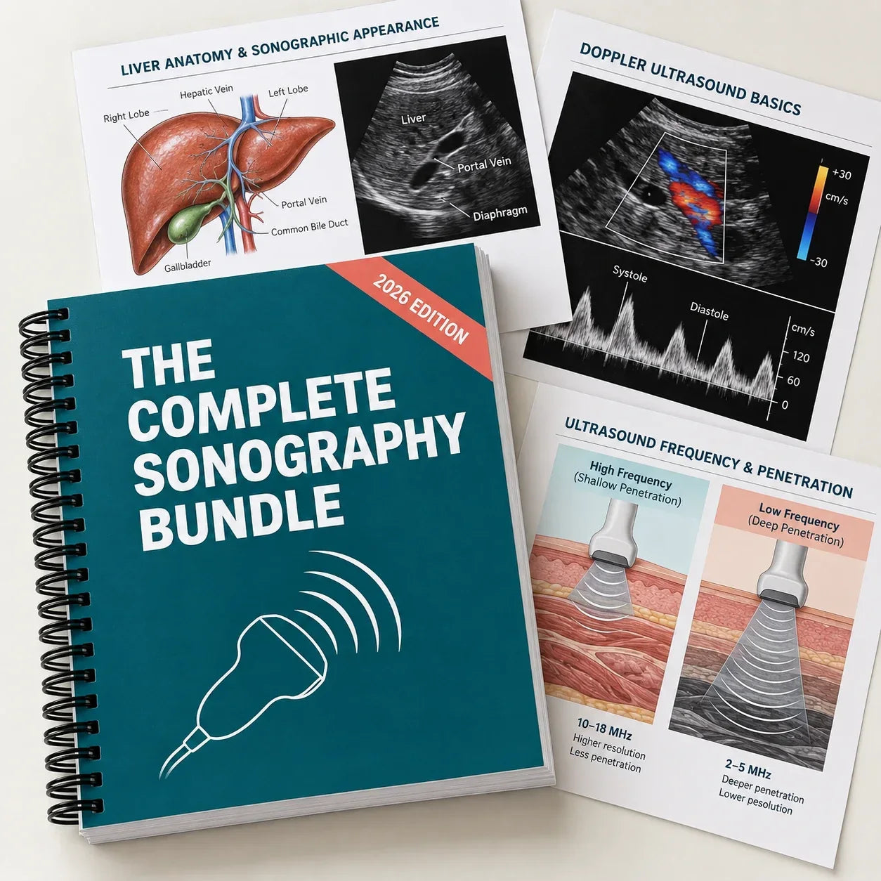 The Complete Sonography Bundle spiral-bound book surrounded by illustrated pages