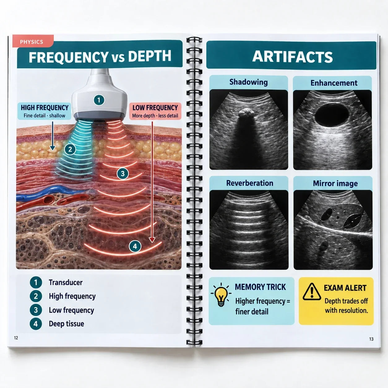 Open spread: frequency vs depth illustration on the left, ultrasound artifacts comparison chart with memory tricks on the right
