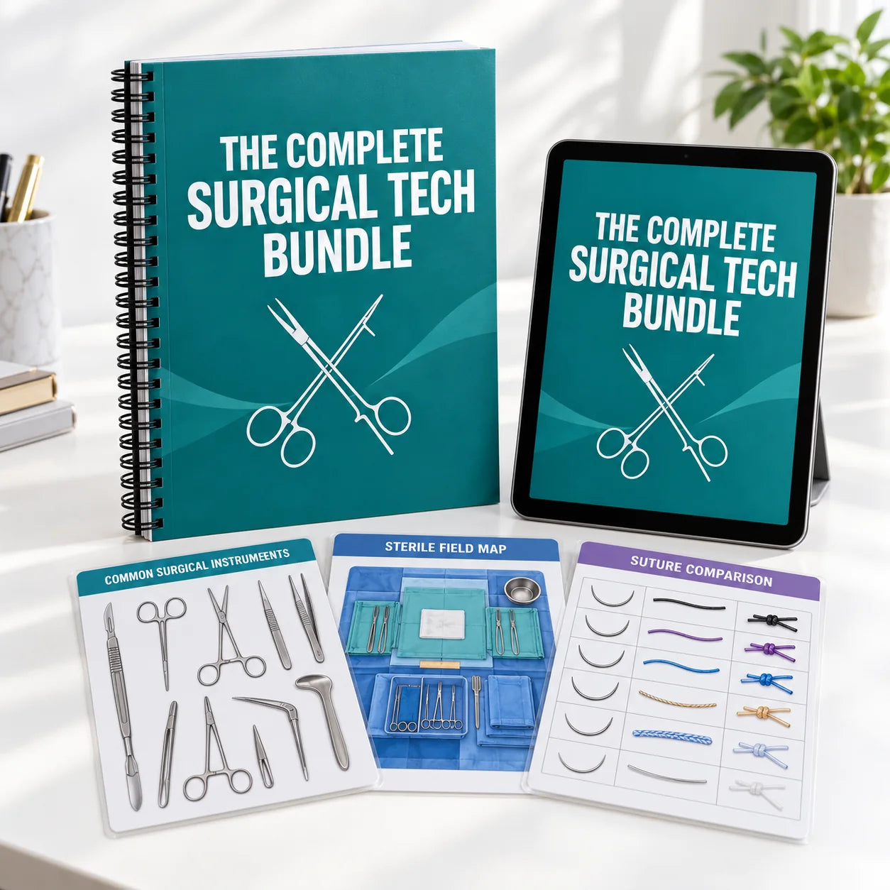 Spiral-bound book, iPad and badge cards