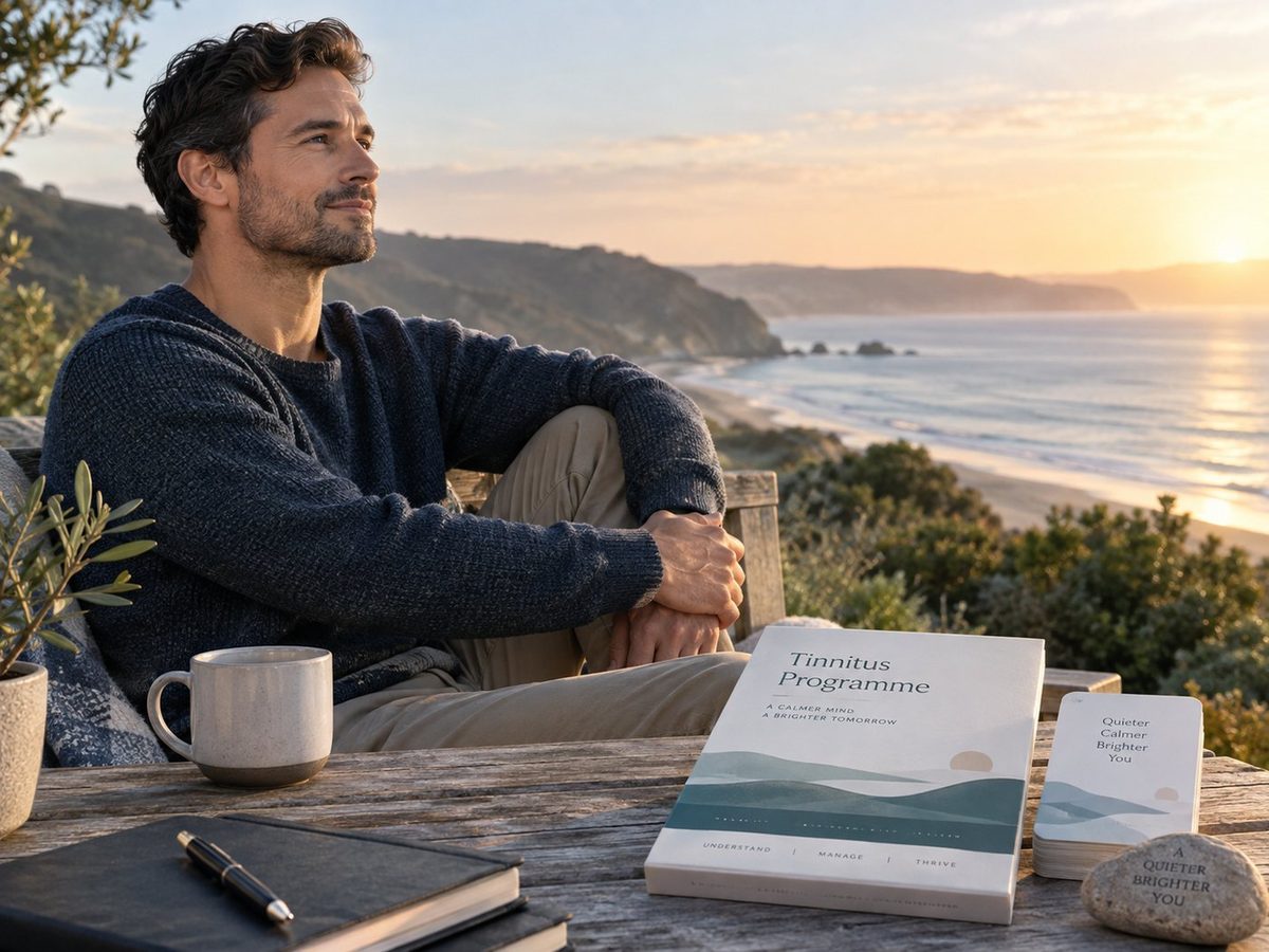 Calm adult man in soft sunrise light overlooking the sea beside the Tinnitus Programme workbook