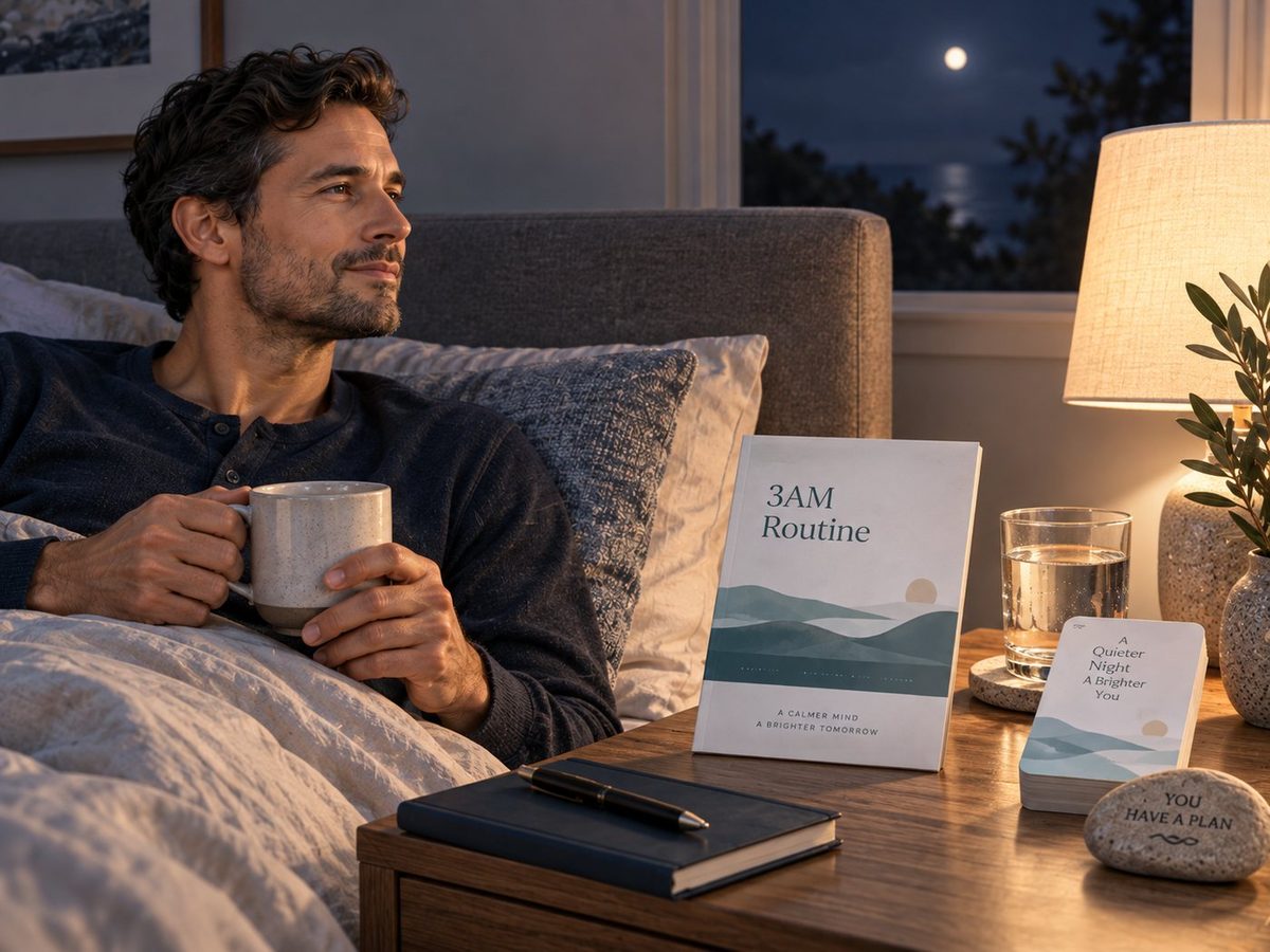 Calm 3AM bedroom scene with the Tinnitus Programme night routine materials