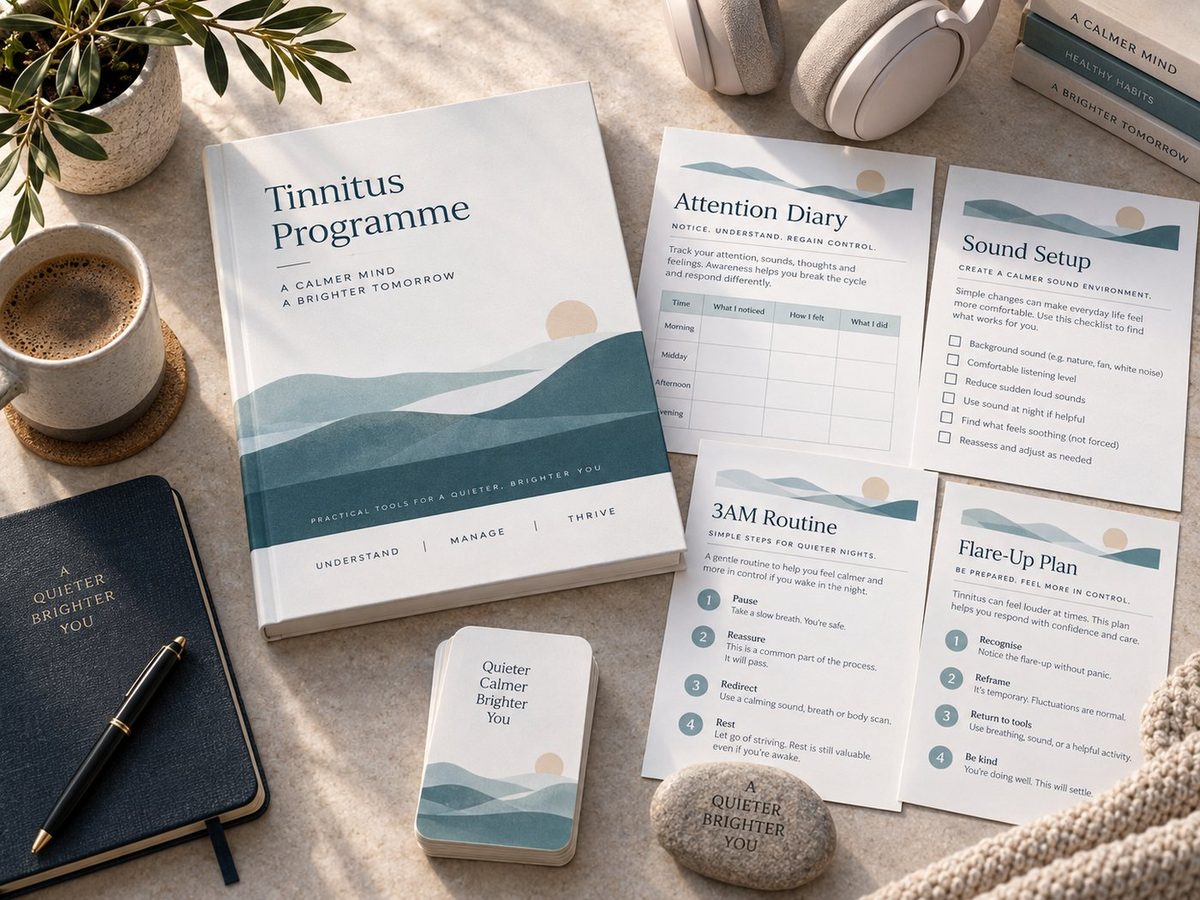 Tinnitus Programme workbook, Attention Diary, Sound Setup, 3AM Routine and Flare-Up Plan