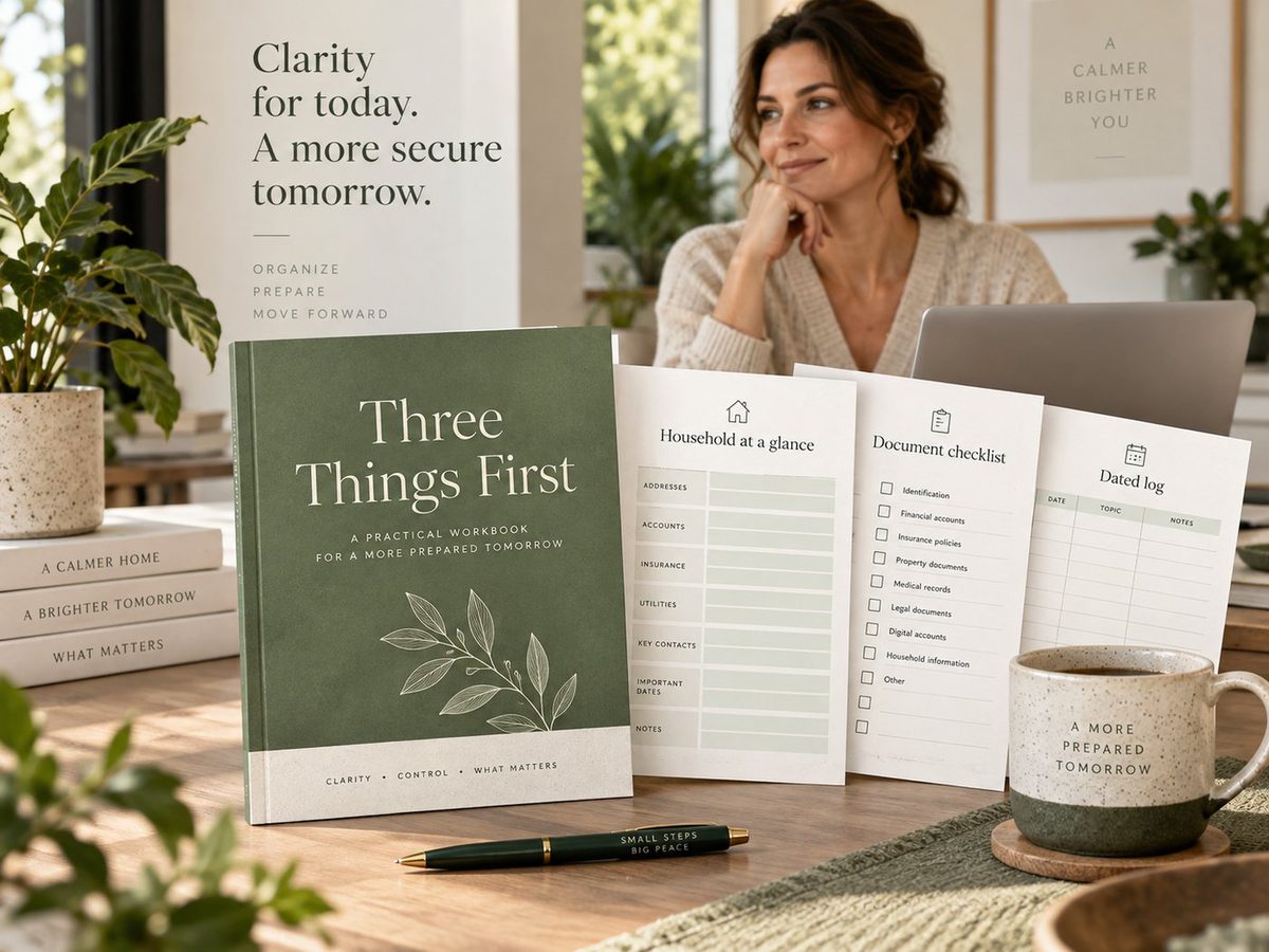 Three Things First workbook and worksheets displayed on a table in a calm home setting