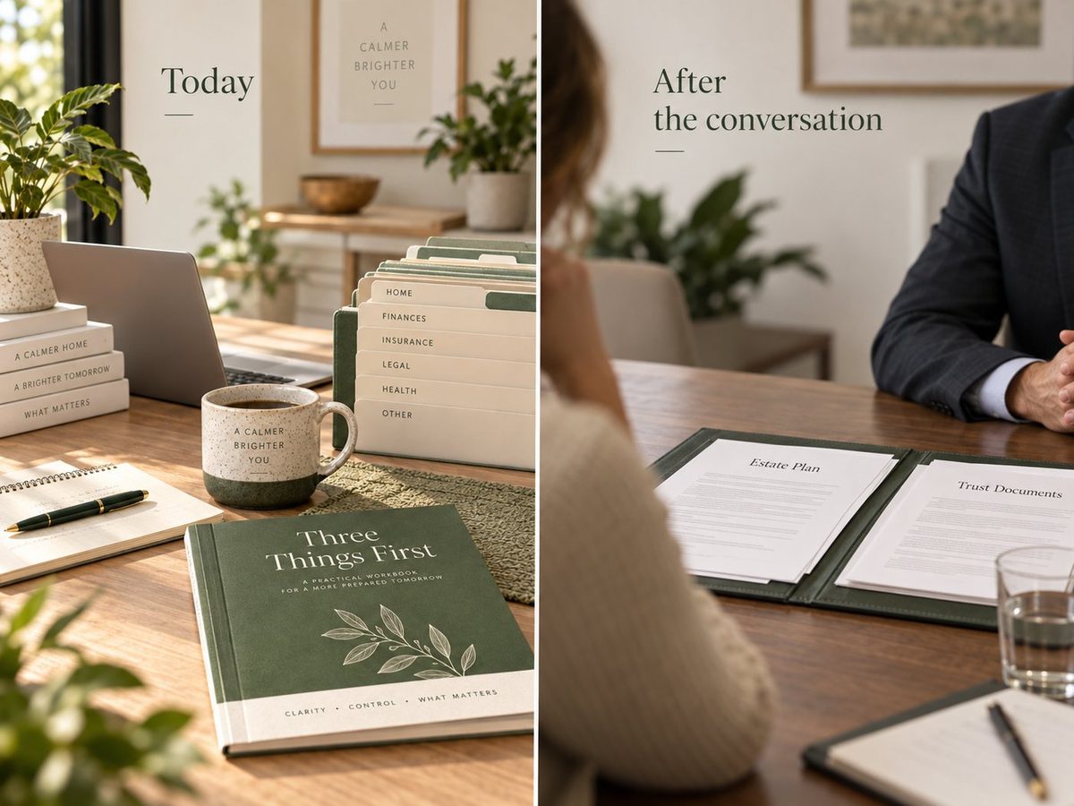 Split visual comparison showing easy household access to documents today and a more formal process after the conversation