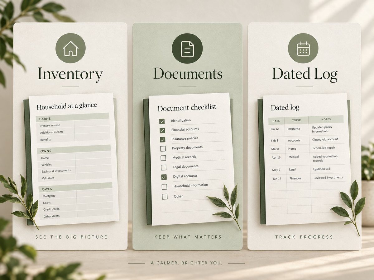Three Things First method shown in three cards: Inventory, Documents, and Dated Log