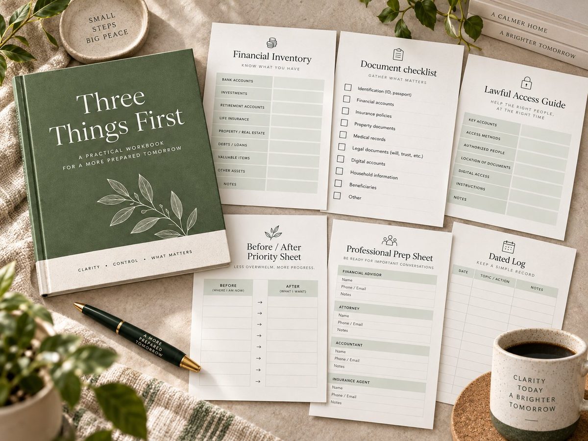 Flat-lay collage showing the Three Things First workbook cover and the pages included in the kit