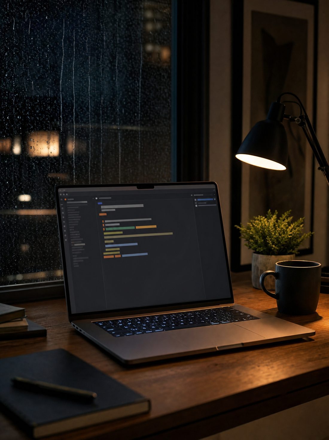 A laptop with a terminal open at night