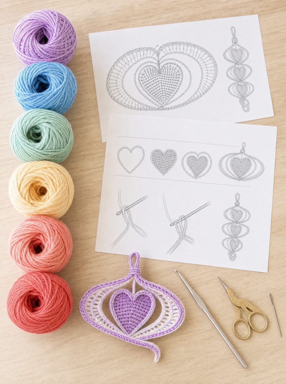 Yarn, hook and printed pattern pages