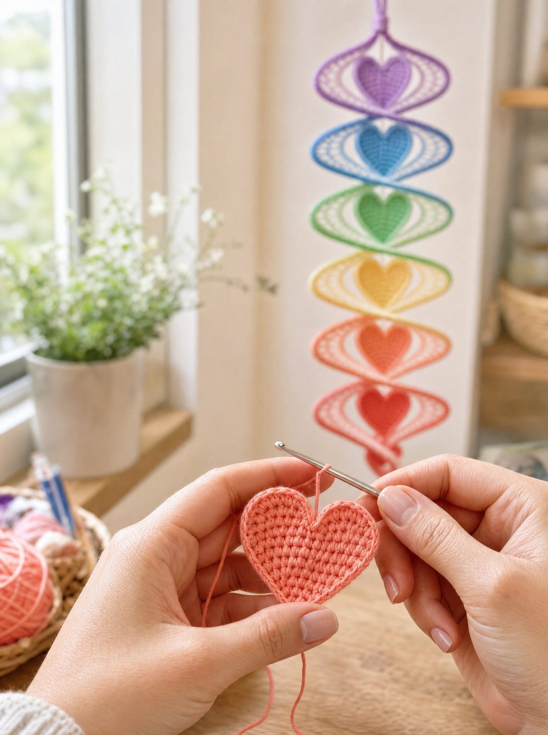 Hands crocheting a coral heart module