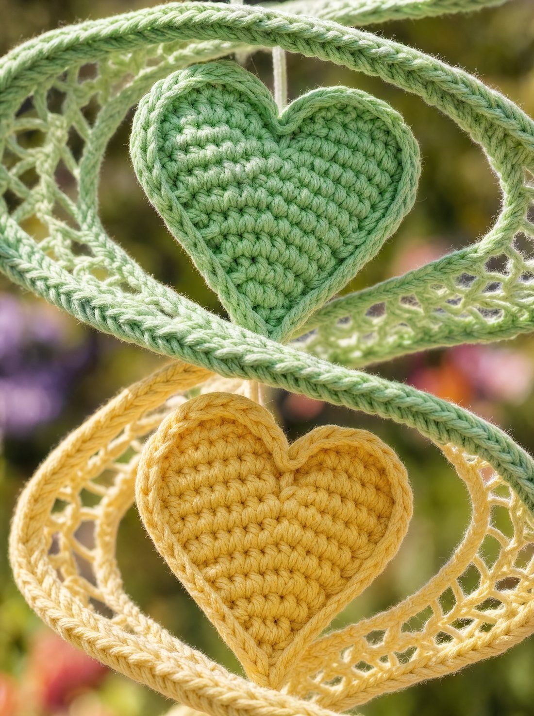 Close-up of the crochet heart modules