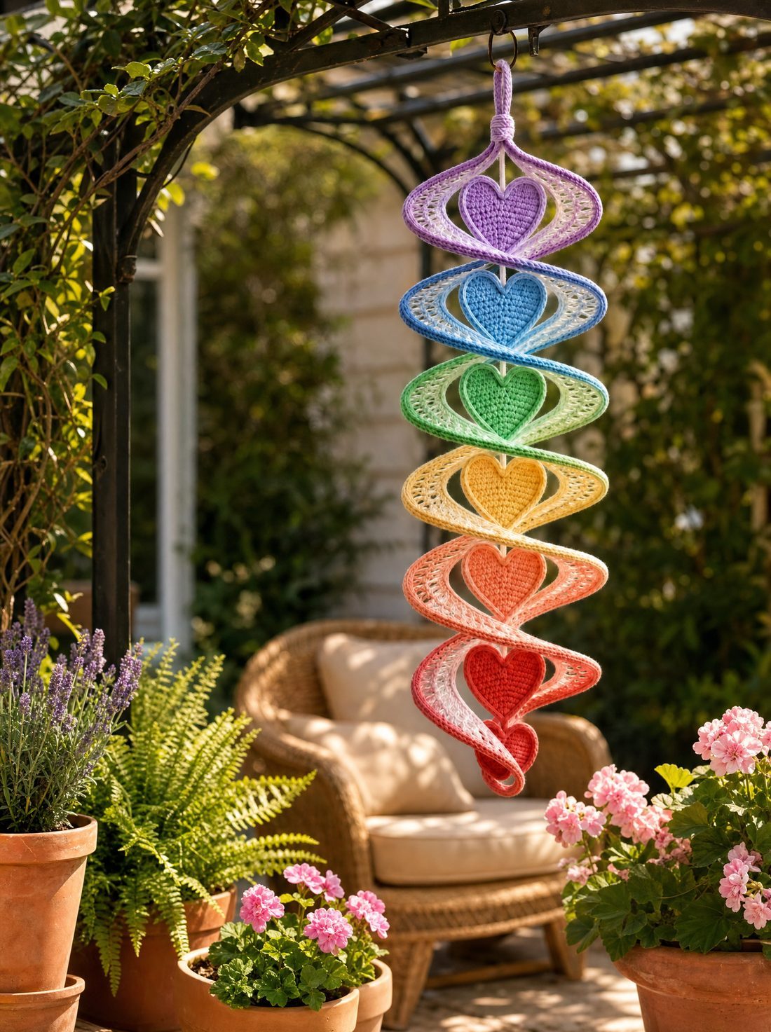 Pastel heart helix crochet wind spinner hanging from a garden pergola