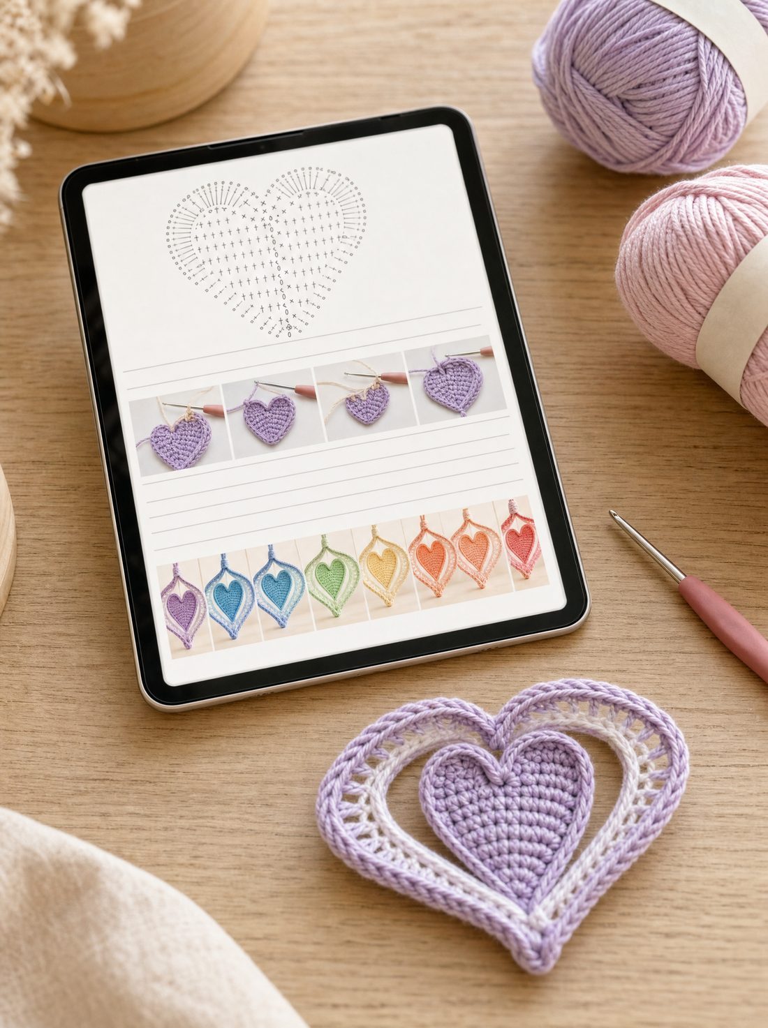 The pattern PDF open on a tablet beside yarn and a hook