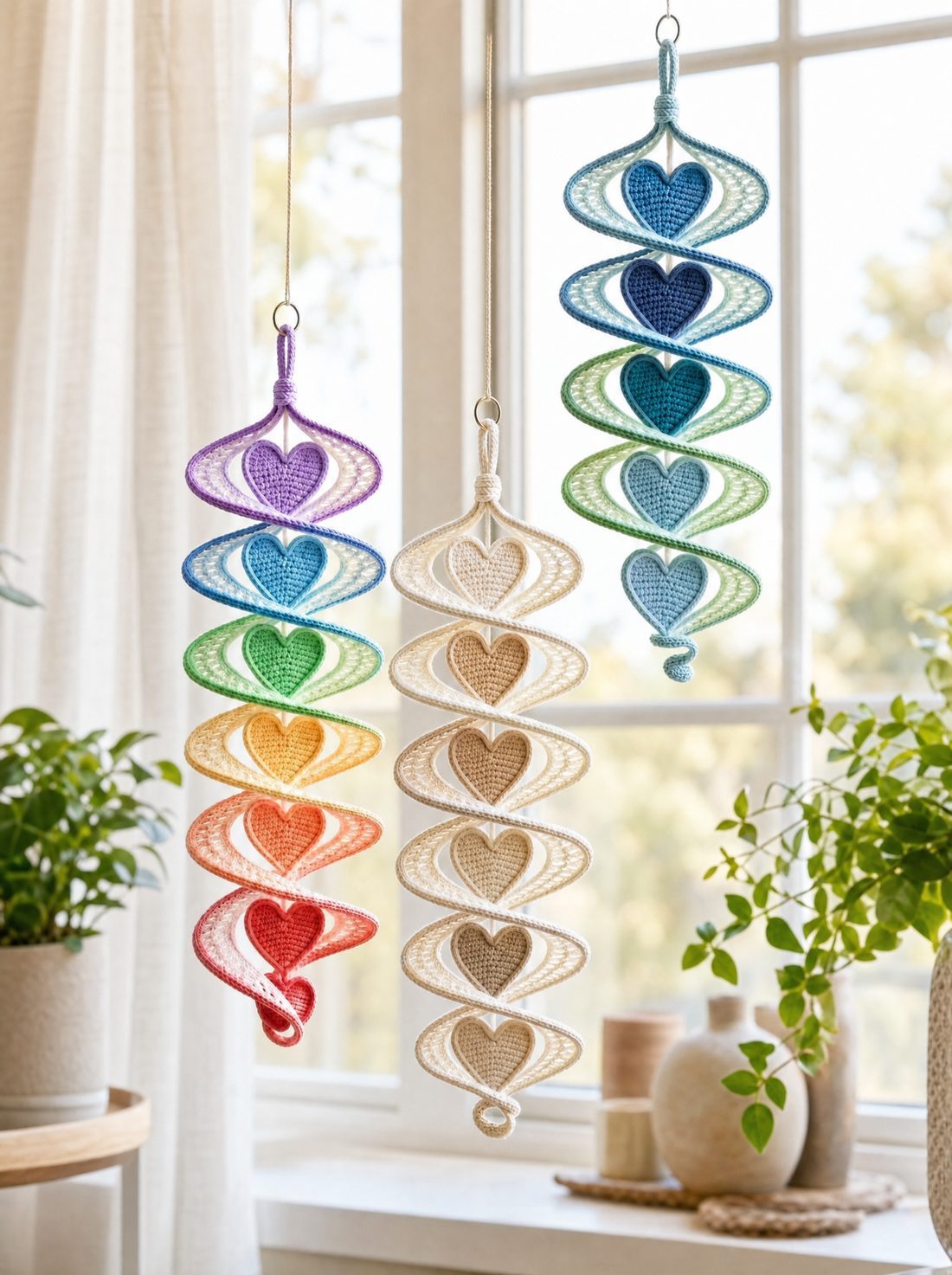 Three wind spinners in different colour palettes