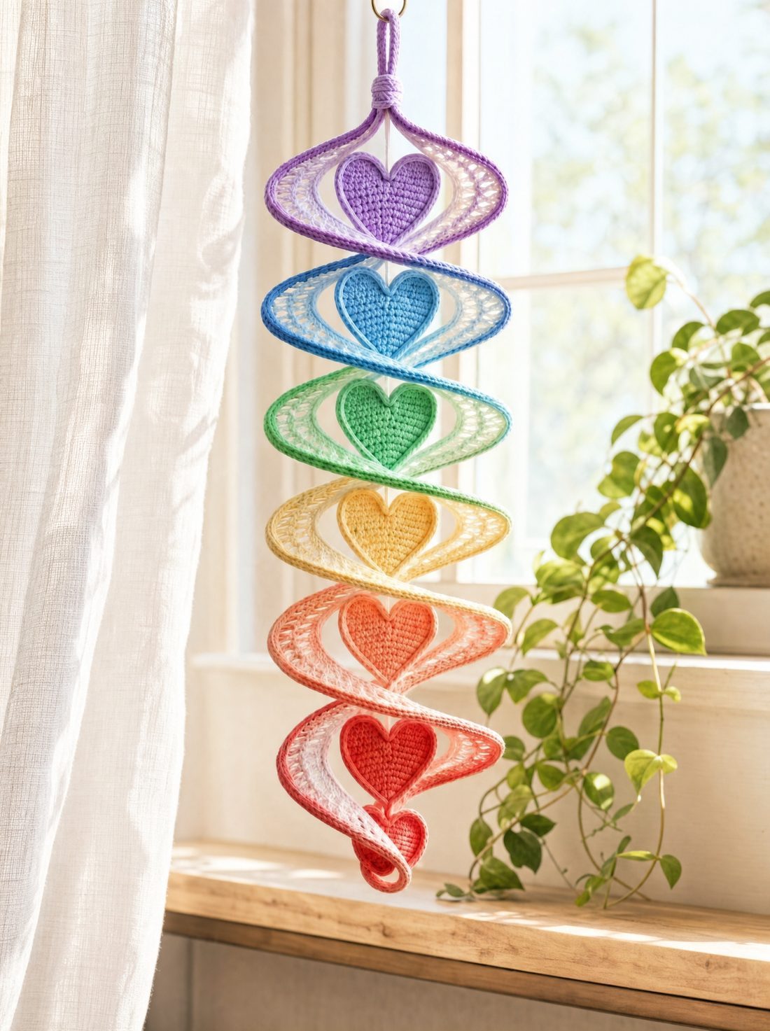 The crochet wind spinner hanging in a bright window