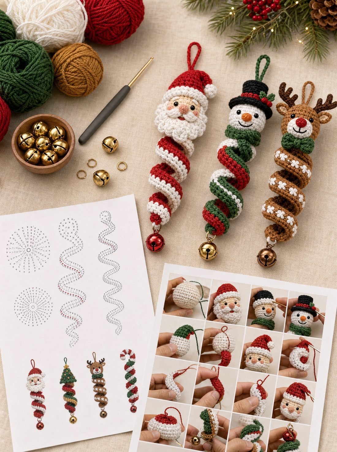 Yarn, hook, bells and printed pattern pages
