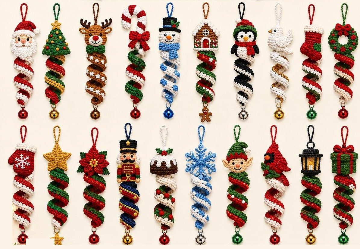 All twenty crochet spiral Christmas ornaments