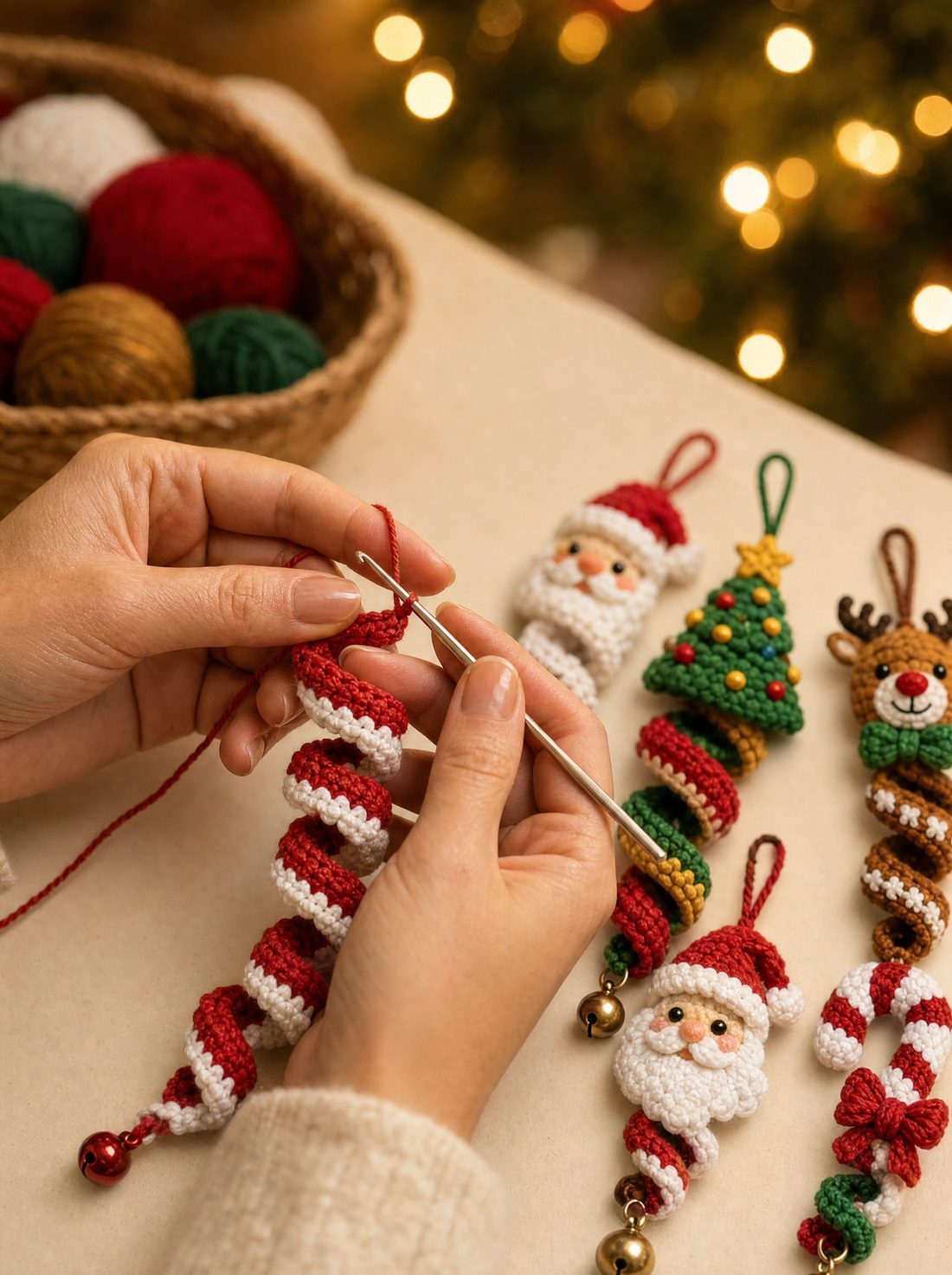Hands crocheting a red and white spiral strip