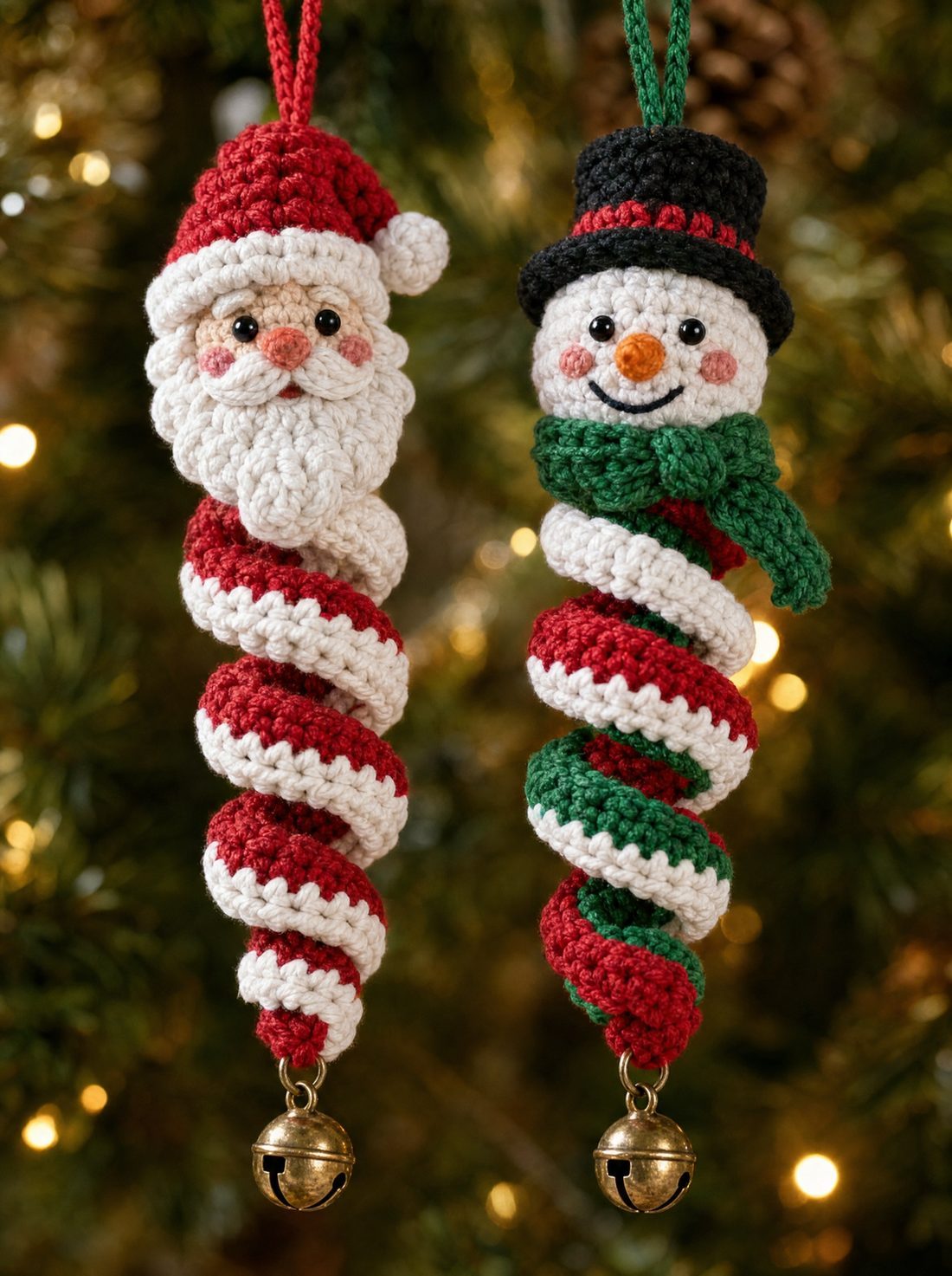 Close-up of the Santa and snowman spiral ornaments