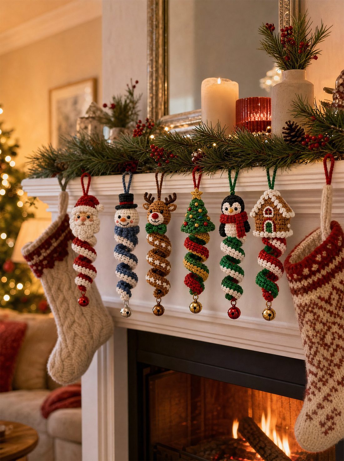 Ornaments on a decorated fireplace mantel