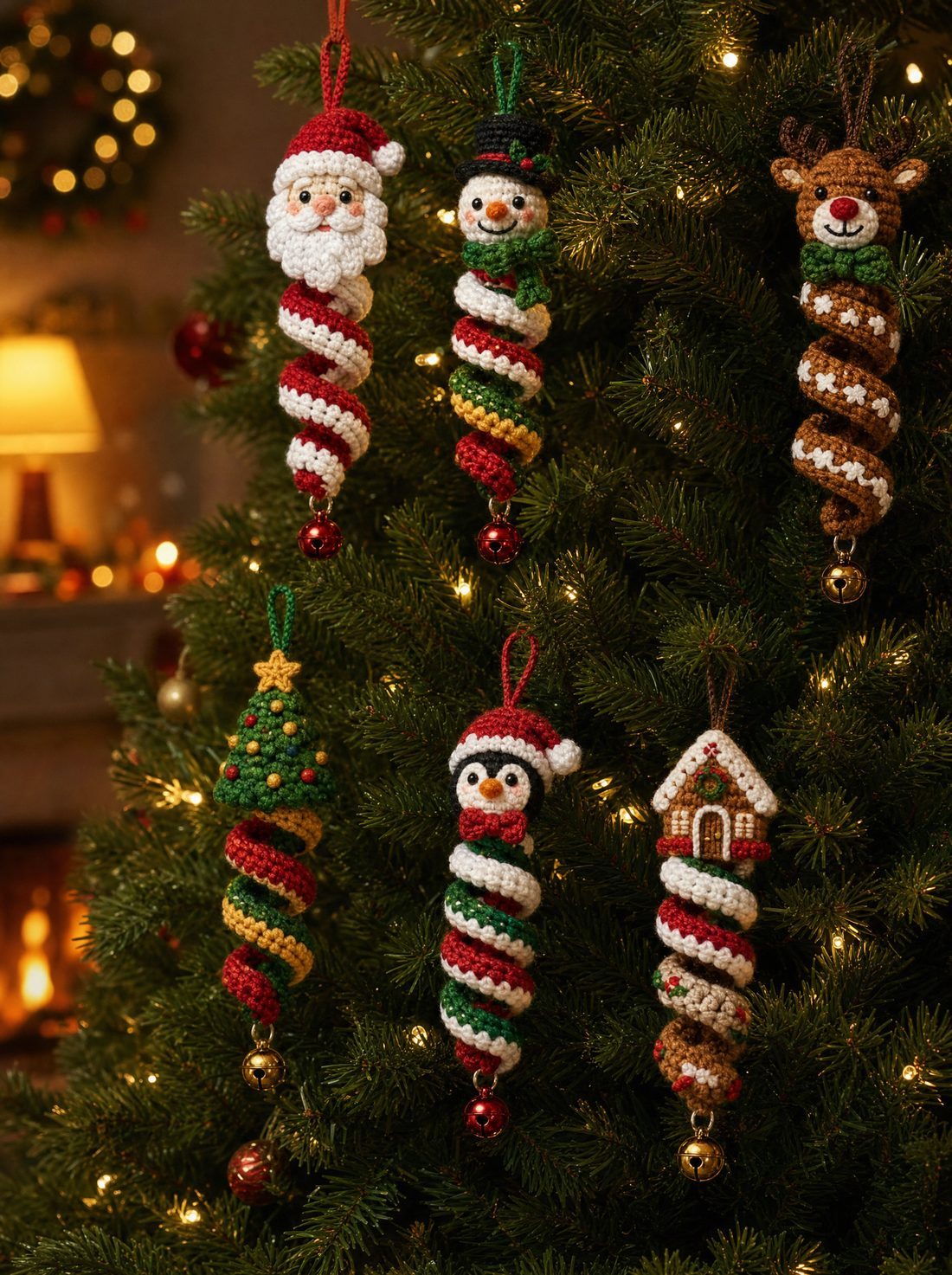 Spiral ornaments hanging on a Christmas tree