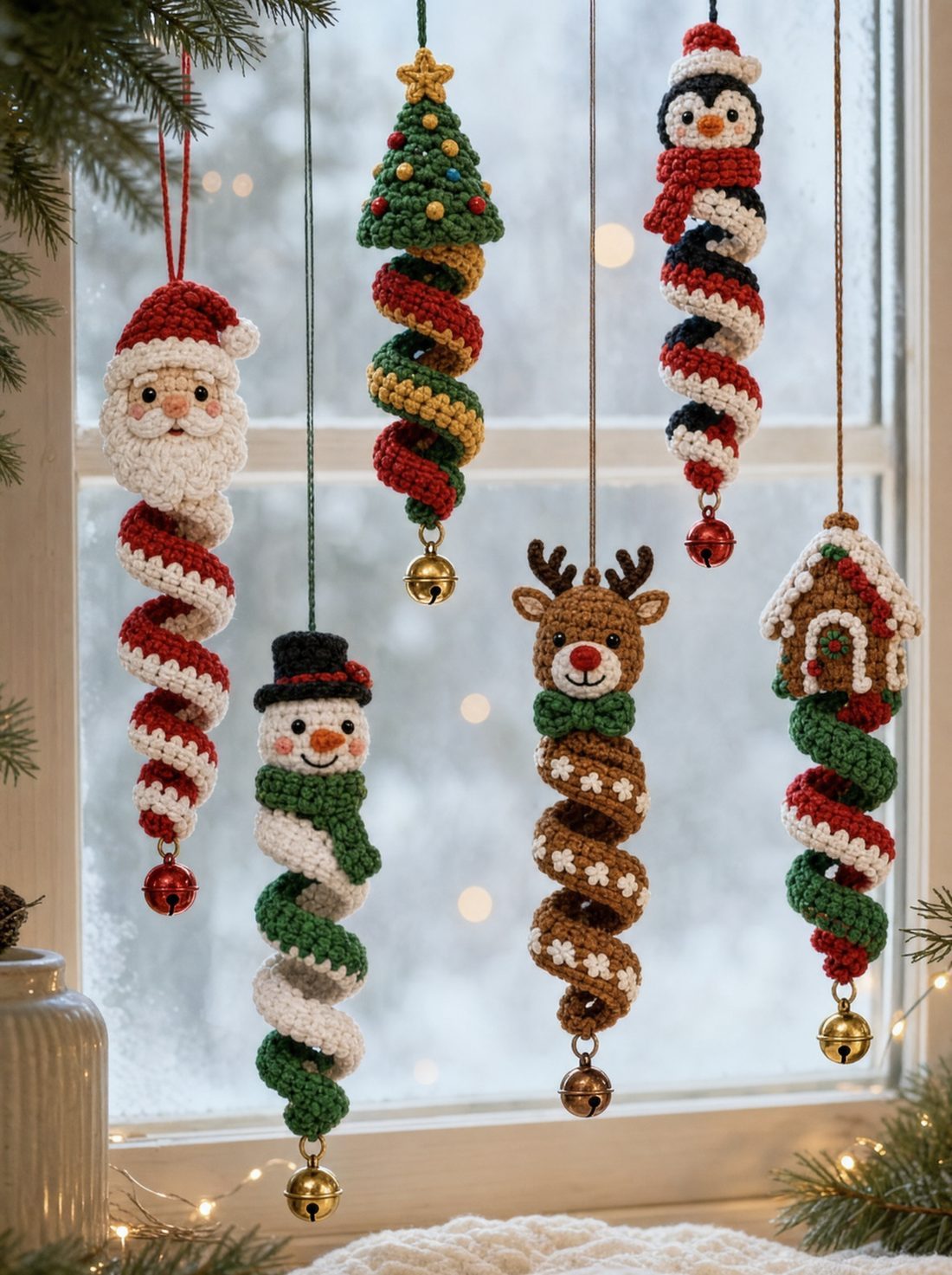 Ornaments hanging in a frosty window